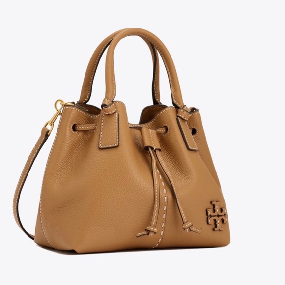 Tory Burch Mcgraw Bucket Drawstring Leather Satchel In Tiramisu - Picture 7 of 8